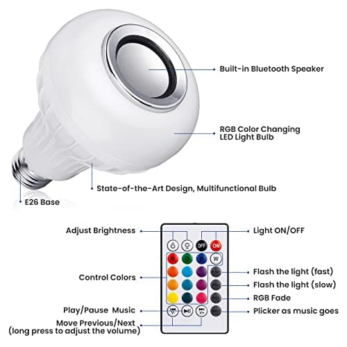 JETENCN LED Light Bulb Bluetooth Speaker with Remote Control and APP, White+Color Changing - Works with E26 Base Fixture - Perfect Lamp for Home, Party, Bedroom, Indoor Floodlight Bulb 4