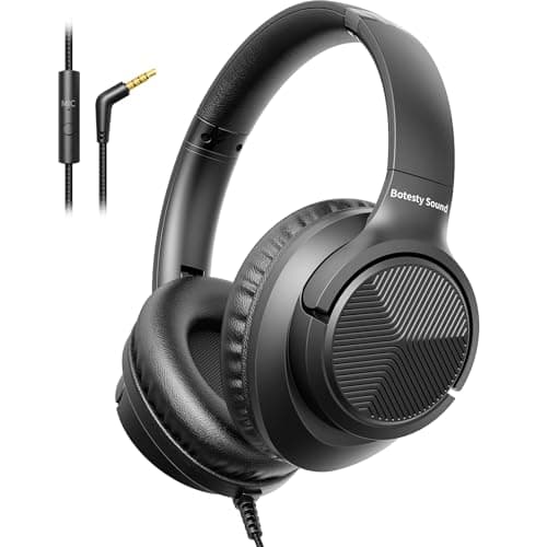 Botesty Sound Headphones Wired with Microphone, Over Ear Foldable 3.5mm Plug in Headphones with 4.9ft Tangle-Free Nylon Cord for Tablet, Laptop, MP3/4, School, Airplane Travel (Black)
