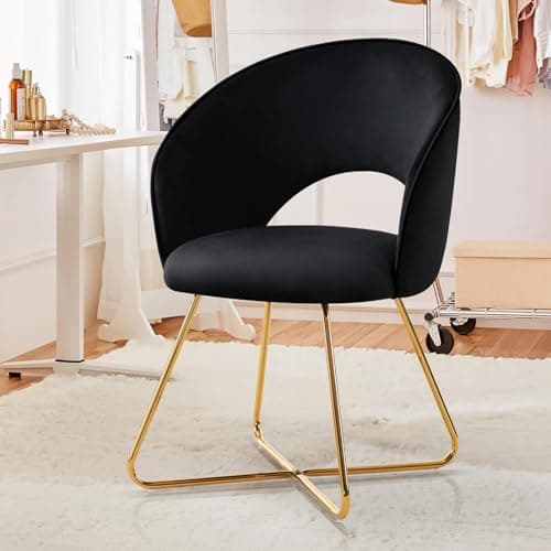 Furniliving Modern Black Accent Chair Comfy Desk Chairs for Bedroom, Upholstered Barrel Velvet Vanity Chair with Back, Mid Century Makeup Chair with Gold Legs 7