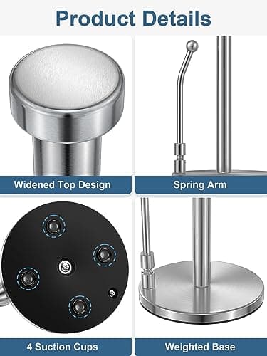 SMARTAKE Paper Towel Holder, Paper Towel Dispenser Standing Weighted Base Non Slip, Spring Arm for Easy Tear, Stainless Steel Paper Towel Holder for Home Kitchen Countertop Tabletop, Silver 7