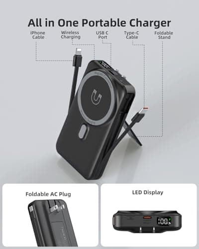 for Magsafe Portable Charger 10000mAh Wireless Magnetic Power Bank, 22.5W PD 3.0+QC 4.0 Fast Charging Battery Pack, Built-in Cables &AC Wall Plug &LED Display &Stand for iPhone 17/16/15/14/13 Series 2