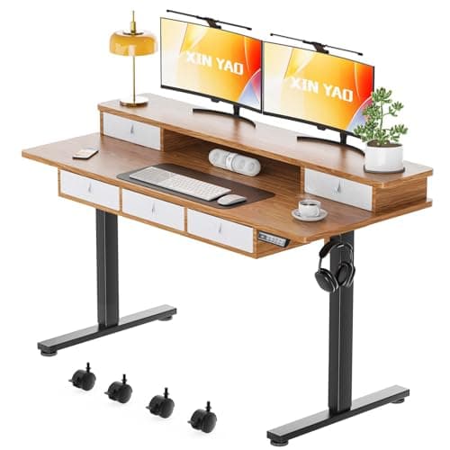XINYAO Electric Standing Desk with 5 Drawers, 55x24 Inch Height Adjustable Sit Stand Up Desk with Storage Support 290lbs Ergonomic Rising Table with Wheels for Home Office
