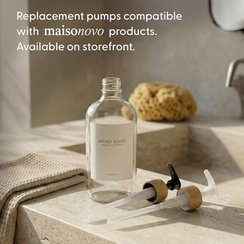 MaisoNovo Glass Dish Soap Dispenser for Kitchen Set of 2-16.9oz Clear Dish and Hand Soap Dispenser Set for Kitchen - Clear Glass Bottles x 2 with White Bamboo Pumps & Tray 13