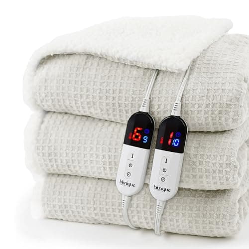 blunique Heated Blanket Electric Blanket Queen Waffle, 84x90 Inches Dual Controllers Sherpa Fleece Fast Heating Blanket 6 Heating Levels & 10 Hours Auto Off ETL Certification,Beige Queen