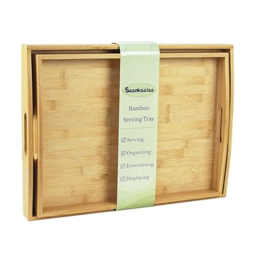 Bamboo Serving Tray with Handles, Set of 2 Large Wood ServingTrays for Food & Coffee, Elegant Wooden Tray for Breakfast in Bed, Kitchen & Party