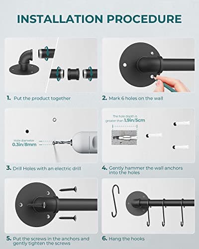 OROPY 38 inch Pot Bar Rack Wall Mounted Detachable Pans Hanging Rail Kitchen Lids Utensils Hanger with 14 S Hooks Black 6