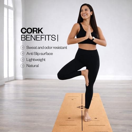 RAYFORCE Cork Yoga Mat 6mm – Non-Slip Grip Improves with Sweat – Thick Yoga Mat with Alignment Lines (72x26”) 6