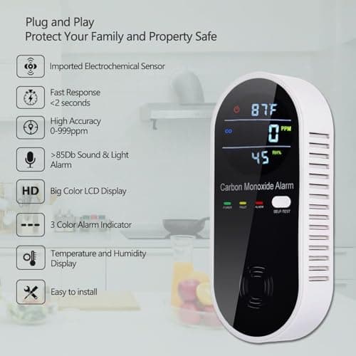 3-in-1 Carbon Monoxide Detector, Carbon Monoxide Detector Plug in Wall with Temperature & Humidity Display, CO Alarm Monitor with Color LCD Display, Accurate & Easy to Install 5