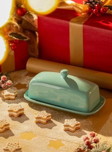 Sweese Butter Dish with Lid, Porcelain Butter Keeper, 7.8 Inch Butter Holder with Handle Cover, Butter Container Perfect for East West Coast Butter, Turquoise 3