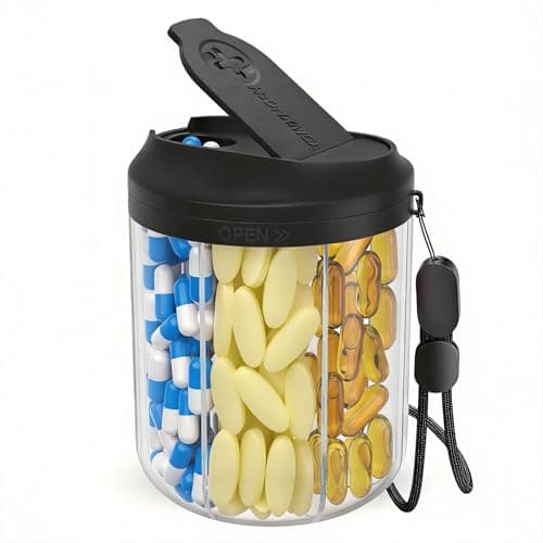 HIONXMGA Pill Bottle Organizer with 7 Large Compartments, Pill Dispenser 4.4" H x 3.6" Dia for Travel, Supplement Organizer with Anti-Mixing Design, BPA-Free Pill Container with 20 Pcs Labels, Black