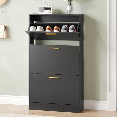 NOVAMAISON Fluted Shoe Cabinet Storage for Entryway, White Shoe Organizer with 2 Flip Drawers & Open Shelf, Freestanding Hidden Large Shoe Storage Cabinet (1pc-Black, 3 Flip Drawers)