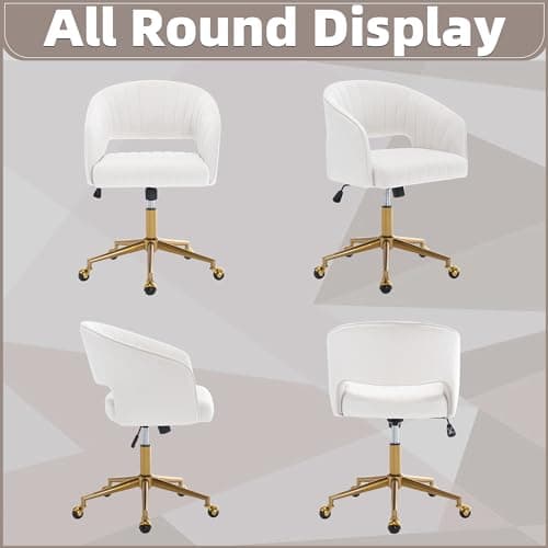 ABET Desk Chair with Wheels, Velvet Home Office Chair, Swivel Armchair Gold Base, Upholstered Modern Accent Chairs, Back Incline Adjustable for Living Room Bedroom Vanity, Off-White Cream 8