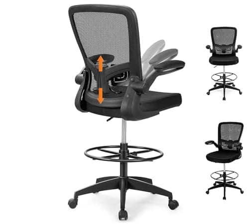 Giantex Drafting Chair High Back Office Chairs with Footrest Ring Flip-Up Armrest Height Adjustable Executive Desk Chair Ergonomic Mesh Computer Task Chair Lumbar Support Tall Office Chair (1, Black)