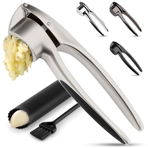 Zulay Kitchen Premium Garlic Press Set – Rust Proof & Dishwasher Safe Garlic Mincer Tool with Silicone Garlic Peeler & Brush, Easy Squeeze & Clean, Ergonomic Soft Grip Handle - Medium – Silver