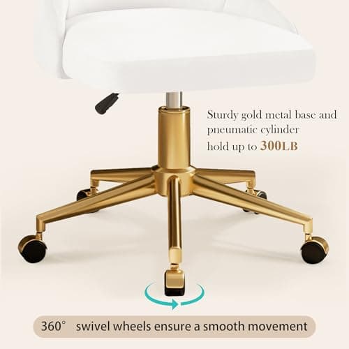 VECELO Velvet Vanity Desk Chair with Height-Adjustable for Office Living Room Bedroom Make Up Study, 360°Swivel, Wheeled Gold Base, White 8