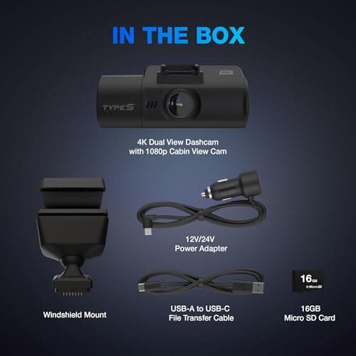 Type S S402 4K Dual View Car Dash Cam with 1080P Interior Surveillance Infrared Camera, Wireless Video Access via App Control, 24H Smart G-Sensor Monitoring, Night Vision, 16GB Memory Card Included 6