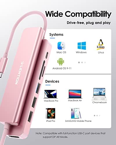 LENTION USB C Hub with 100W Charging, 4K HDMI, Dual Card Reader, USB 3.0 & 2.0 Compatible MacBook Pro, New Mac Air/Surface, Chromebook, More, Stable Driver Adapter (CB-CE18, Rose Gold) 7