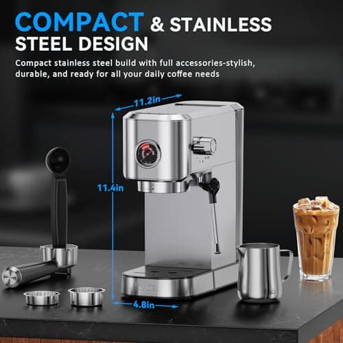 XIXUBX 20Bar Espresso Machine, Compact Espresso Maker with Milk Frother, Stainless Steel Coffee Machine for Cappuccino&Latte, 42oz Water Tank, Visible Pressure Gauge, Home&Office, Silver 6