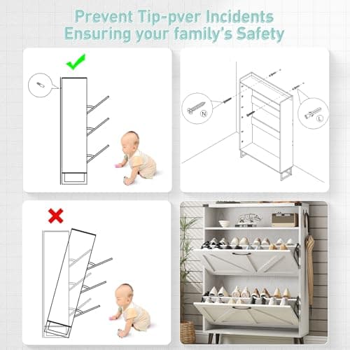 Vabches Shoe Storage Cabinet with 2 Flip Drawers,Freestanding Narrow Shoe Organizer with Open Storage,Hidden Slim Organizer Rack for Entryway,Hallway,White 8