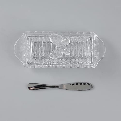 HOWOK Glass Butter Dish with Lid and Stainless Steel Butter Knife, Butterfly Handle Thick Cover, Butter Holder, 8.1”x 2.6” 6