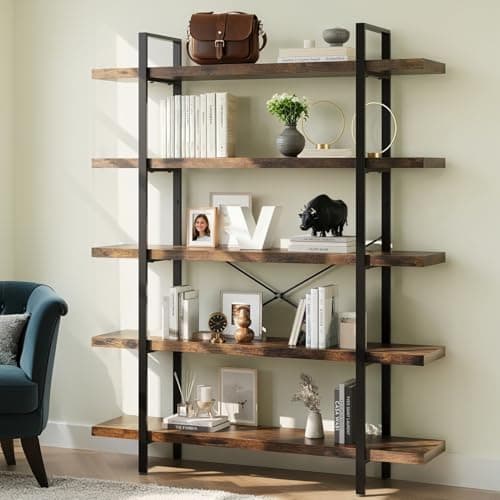 VKUCI 5 Tier Book Shelf, 47'' Wide Wood Industrial Bookshelf, 120lbs Shelf Capacity, Open Storage Shelves, 70'' Tall Heavy Duty Display Shelving, Rustic Brown Bookcase for Bedroom,Living Room,Office