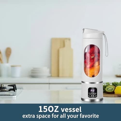 Portable blender,USB-C rechargeable,Personal compact travel juicer cup15OZ for Shakes, Smoothies,Fresh juice,Self-cleaning,Leakproof lid, Smart time display,12 blades,with strong blending White 6