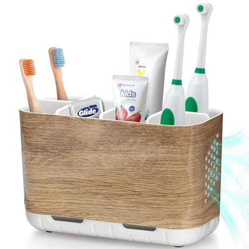 Boperzi Toothbrush and Toothpaste Holder Wood Grain for Bathroom Countertop with Adjustable Dividers, Toothpaste Caddy Organizer Storage Rustic Decor Set Freestanding Anti-Slip for Shower,Family,Kids