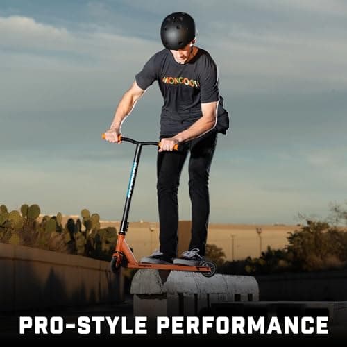 Mongoose Rise 100 Freestyle Stunt Trick Scooter, Lightweight Alloy Deck & Heavy-Duty Frame Up to 220 lbs., Bike-Style Grip, High Impact 100mm Wheels, Orange/Blue 6