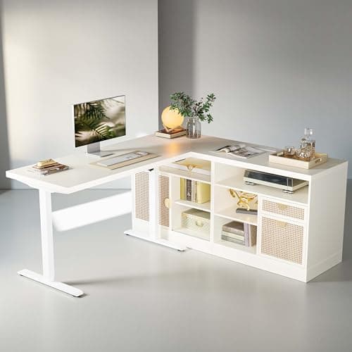 ModernMate 67" L Shaped Standing Desk with Drawers and File Cabinet, AC/USB, 1.18" Desktop, Height Adjustable Wood Desk, Electric Desk with Multiple Functions for Home and Office, White Rattan 9