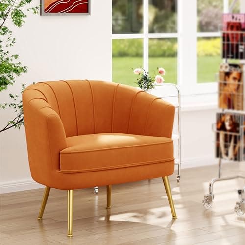Andeworld Velvet Accent Chair, Upholstered Modern Single Sofa Side Chair,Comfy Barrel Club Living Room Armchair with Golden Metal Legs for Bedroom Living Reading Room Office,Caramel Orange