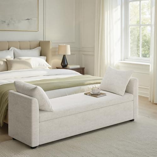 HULALA HOME Modern Storage Bench with Throw Pillows, 59.4" Extra Long Bedroom Ottoman Bench for End of Bed, Comfy Upholstered Footstool for Entryway Living Room Dining Room, Linen 9