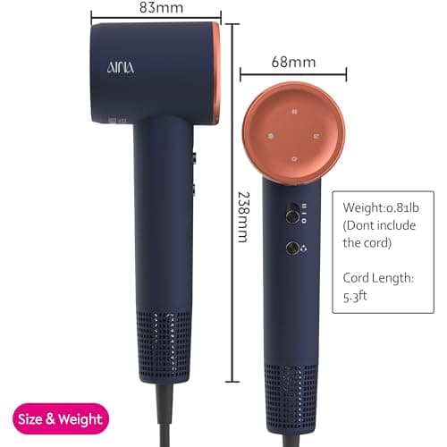 AINA Hair Dryer,Blow Dryer with Diffuser Brush Comb for Women - BLDC Hair Dryer - Brushless Motor, 110,000 RPM Lightweight,Ionic Travel, 3 Magnetic Attachments 110V/ALCI(Blue Golden) 3
