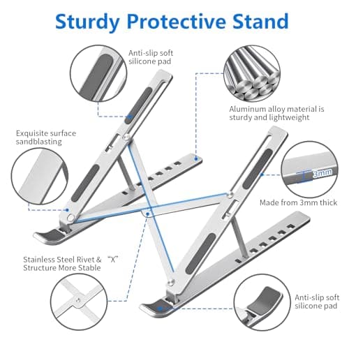 Sopholid Laptop Stand for Desk, Aluminum Metal MacBook Stand，Computer Riser for Desk, Portable Foldable Adjustable Notebook Holder, Compatible with 10-15.6 Inch Laptops, iPad, Silver. 5