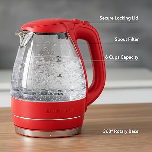OVENTE Electric Kettle, 1.5L Borosilicate Glass Countertop Water Heater and Boiler for Coffee or Tea, BPA-Free, Auto Shut-Off, Boil-Dry Protection, Removable and Washable Spout Filter, Red KG83R 5