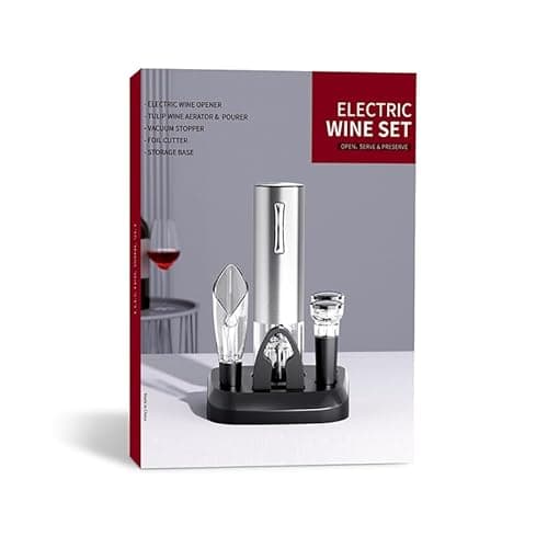 Electric Wine Opener Set (6-in-1) Include: Rechargeable Electric Wine Opener, Foil Cutter, Tulip Wine Aerator & Pourer, Wine Stopper*2, Charging Base & Cable, Manual Book, Color Box. 5