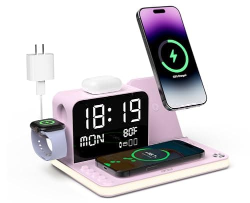 Acer 7-in-1 Wireless Charging Station with LED Clock - 30W Fast Wireless Charger for iPhone 16/15/14/13/12/Pro Max, Apple Watch, AirPods - Bluetooth Auto Time Sync & Night Lights (Purple)