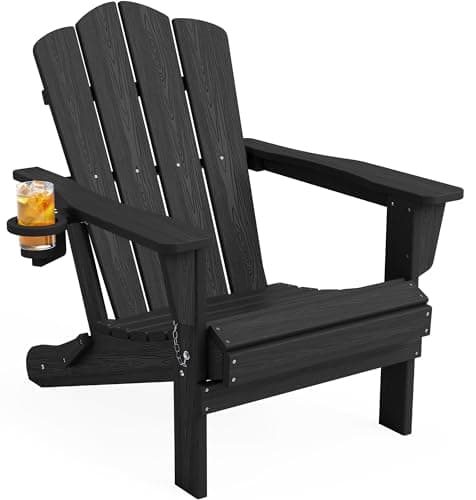 KINGYES Folding Adirondack Chair, HDPE All-Weather Patio Chairs, Wooden Textured Lawn Chair for Poolside, Backyard, Deck, Fire Pit, Black