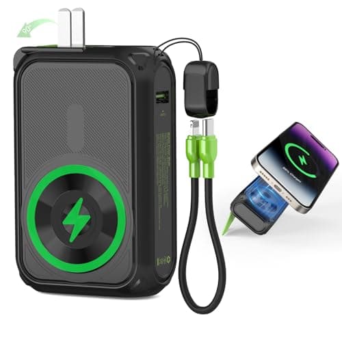 P05 Portable Charger, Magnetic Power Bank, Small Wireless PowerBank, Battery Pack 20000mAh Travel Essentials Fast Charging With Built in Cable, Foldable Wall Plug for iPhone,Samsung,Andriod