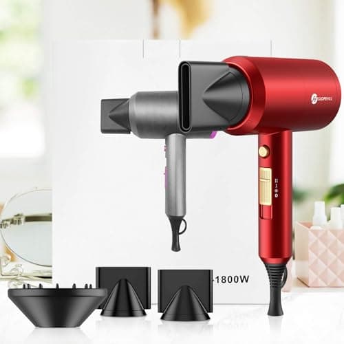 Slopehill Professional Ionic Hair Dryer, Powerful 1800W Fast Drying Low Noise Blow Dryer with 2 Concentrator Nozzle 1 Diffuser Attachments for Home Salon Travel (Agate Red) 8