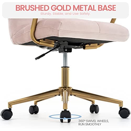 MFD LIVING Velvet Home Office Desk Chair, Upholstered Adjustable Swivel Task Chair with Wheels, Tufted Mid-Back Computer Chair with Arms, for Study Living Room Vanity (Pink, Gold Base) 7