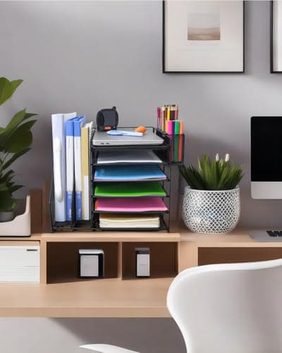 File Organizer for Desk, 6 Tier Desk Organizer Paper Tray with File Holder Pen Holder, Mesh Office Desk Accessories & Workspace Organizers (Black) 8