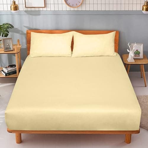 ROYALE LINENS 300 Thread Count 100% Long Staple Combed Cotton Fitted Sheet Queen - Super Soft Deep Pocket Bottom Sheet - Fitted Sheets Only - Elastic Sheets (Queen, Light Yellow) 9
