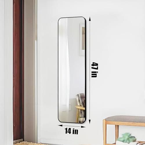 FINEWF 47x14 Mirror Rectangle Full Length Body Door Hanging Wall Mounted Aluminum Alloy Metal Frame HD Glass Dressing Make-up for Bedroom Living Room 47 14 inch Black 5