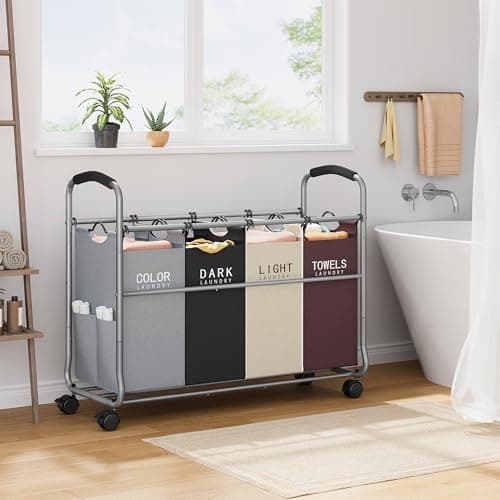 Tajsoon Laundry Sorter 4 Sections, Laundry Separator Hamper with Heavy Duty Lockable Rolling Wheels, Laundry Divider with Removable Bags for Dirty Clothes Storage, 4 Colors 6