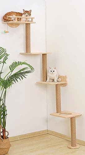 Cat Tree Wall Mounted with 4 Levels Shelves, 73" Wood Corner Tower Inside Kitten Scratching Post for Climbing,Perching and Lounging (Right to Left)