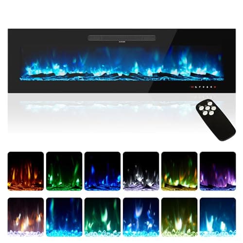 Amerlife 60" Electric Fireplace Wall Mounted, Recessed and Freestanding, Fireplace Heater W/12 Flame Color and Brightness, Touch Screen & Remote Control, Log Set & Crystal Included, Black