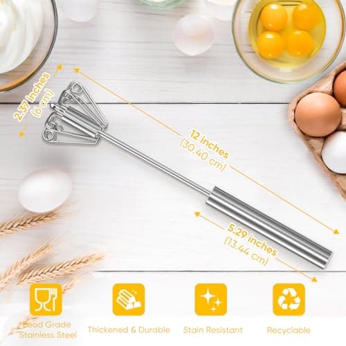 OOKUU Stainless Steel Egg Whisk, Semi Automatic Whisk Blender - Versatile Tool for Blending, Whisking, Beating & Stirring (12in) 7
