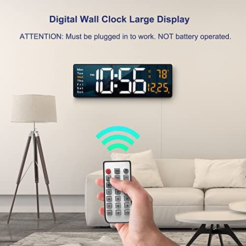 Digital Wall Clock Large Display, 16.2 Inch , LED Digital Clock with Remote Control for Living Room Decor, Automatic Brightness Dimmer with Date Week Temperature (Orange) 2