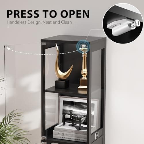 BROTTAR Glass Display Cabinet, 4-Tier Curio Cabinets with 3 Color Lights for Collectibles, Storage Cabinet with Door, Glass Display Case & Bookcase with Human Body Sensor, Black 7