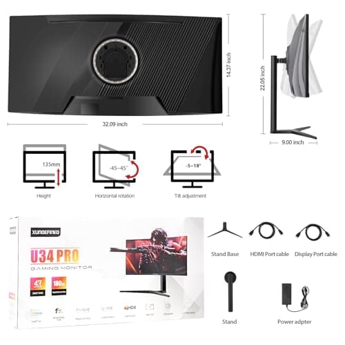 34 inch 180Hz Curved Gaming Monitor with 1500R Ultrawide Screen, UWQHD 3440 x 1440, sRGB 126%, FreeSync & G-SYNC Compatible, PIP/PBP, Height/Tilt/Swivel, Built-in Speaker, 2 x DP 1.4/2x HDMI 2.0 8